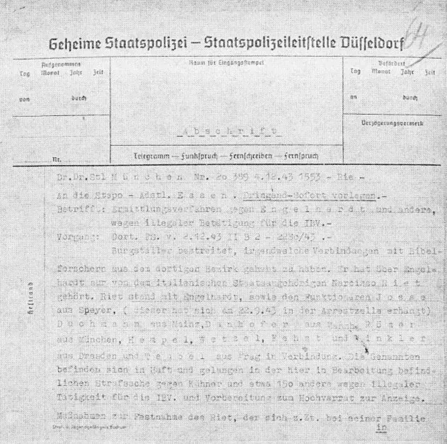 Schreiben der Geheimen Staatspolizei, Staatspolizeileitstelle Düsseldorf.