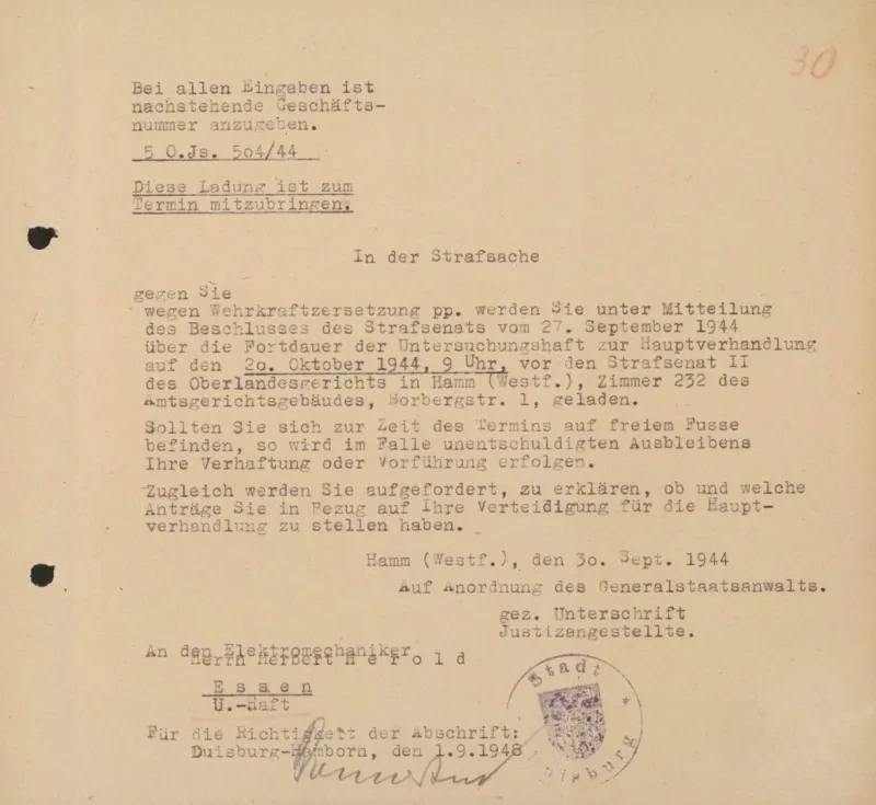 Schriftliche Ladung vom 30.9.1944 an Herbert Herold zur Hauptverhandlung vor dem Strafsenat II beim Oberlandesgericht Hamm wegen Wehrkraftzersetzung am 20.10.1944.