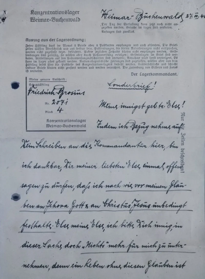 Erste Seite eines handschriftlichen Briefs auf KZ-Briefpapier. Laut vorgedrucktem Lagerordnungsauszug dürfen monatlich zwei Briefe geschrieben und empfangen werden.