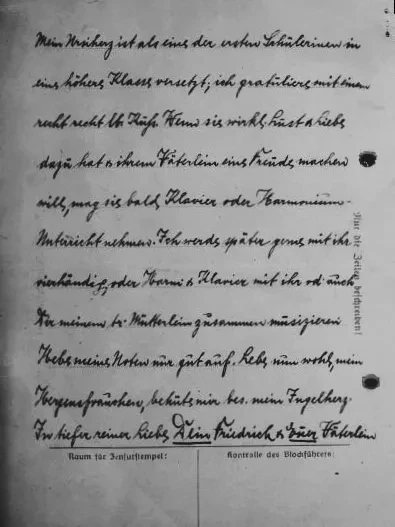 Letzte Seite eines handschriftlichen Briefs auf KZ-Briefpapier. Am Fuß gibt es Platz für den Zensurstempel und den Kontrollvermerk des Blockführers.