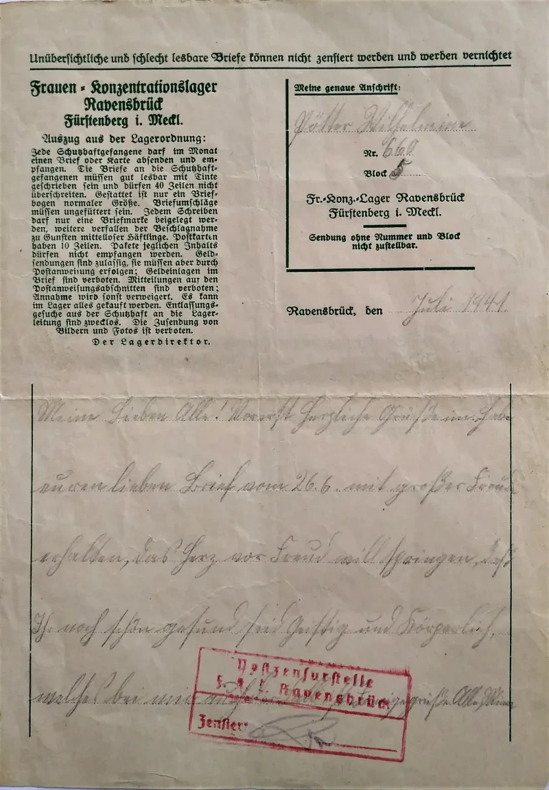 Letzter Brief von Wilhelmine Pötter aus dem KZ Ravensbrück