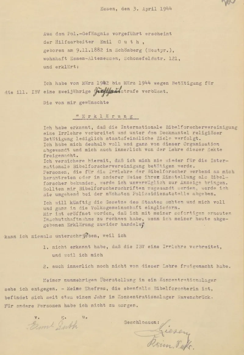 Maschinegeschriebener Text in dem Emil Guth u. a. schreibt: "Meiner nunmehrigen Überstellung in ein Konzentrationslager sehe ich entgegen."