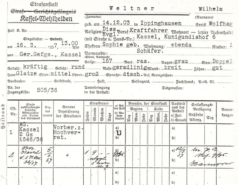 Haftkarte von Wilhelm Weltner von der Strafanstalt Kassel Welheiden aus dem Jahr 1937