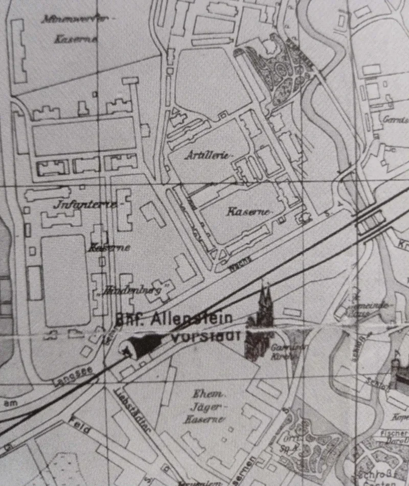 Ausschnitt aus einem historischen Stadtplan, der das Kasernengelände in der General-Wachs-Straße in Allenstein zeigt.