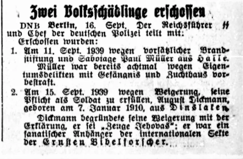 Zeitungsmeldung "Zwei Volksschädlinge erschossen"
