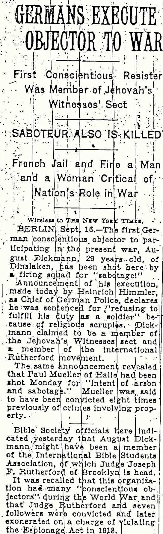 Englischer Zeitungsbeitrag "Germans Execute Objector To war"