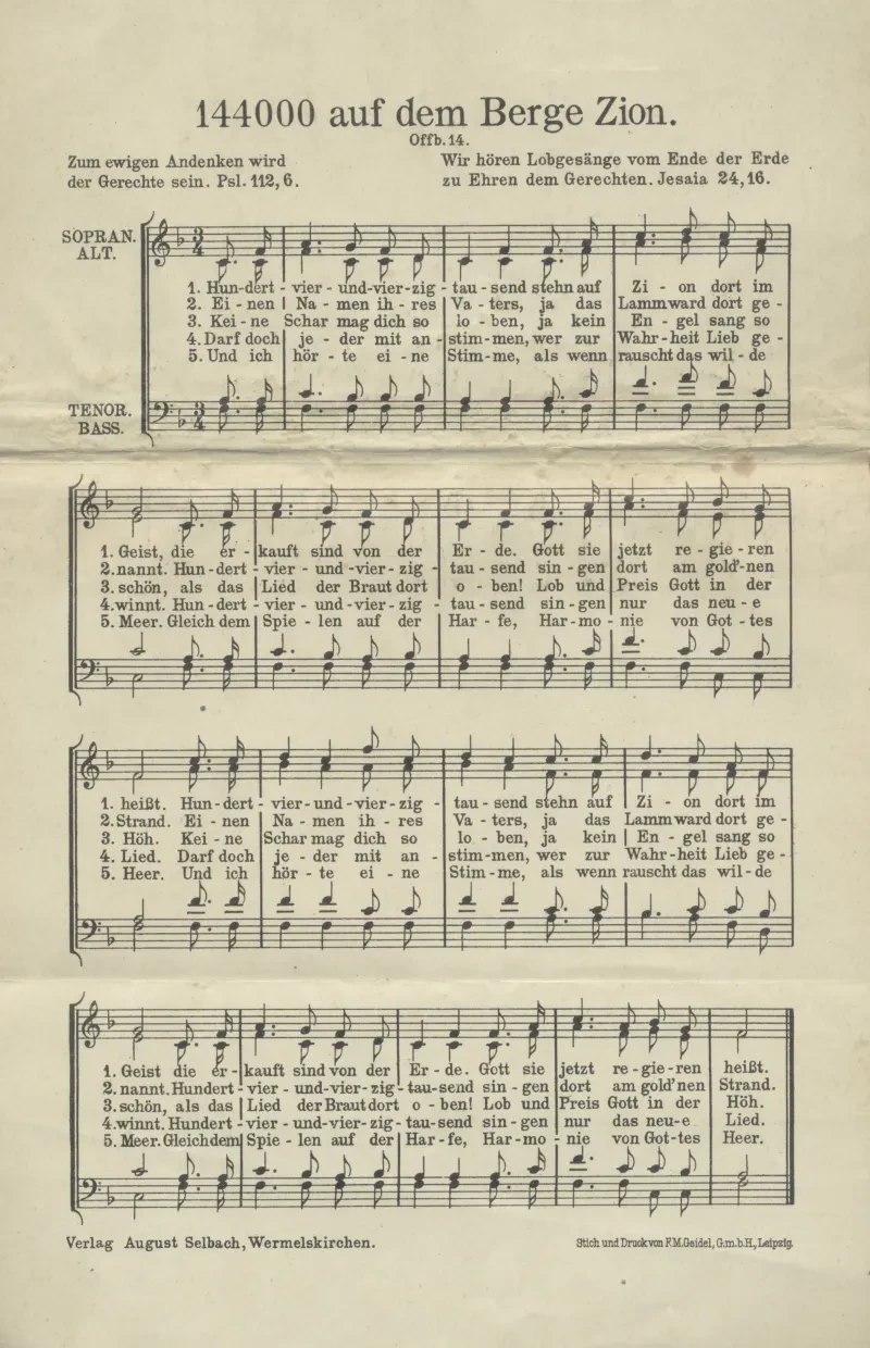 Notenblatt eines Liedes mit fünf Strophen und dem Titel "144.000 auf dem Berge Zion". Unter den Noten steht der Hinweis: "Verlag August Selbach, Wermelskirchen".
