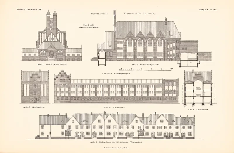 Zeichnungen der Strafanstalt Lauerhof: Verwaltungsgebäude, Männergefängnis und Wohnhäuser der Beamten.