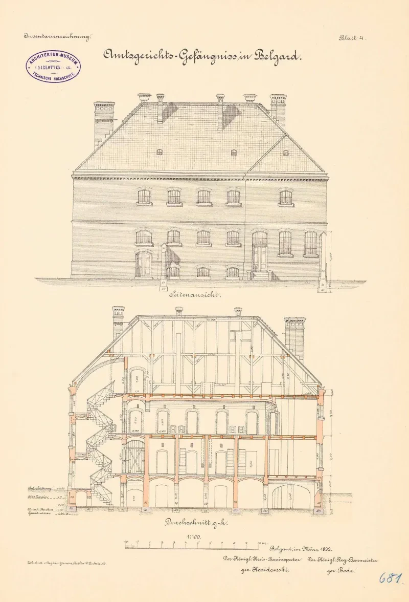 Technische Zeichnung des Amtsgerichtsgefängnis in Belgard von 1892.