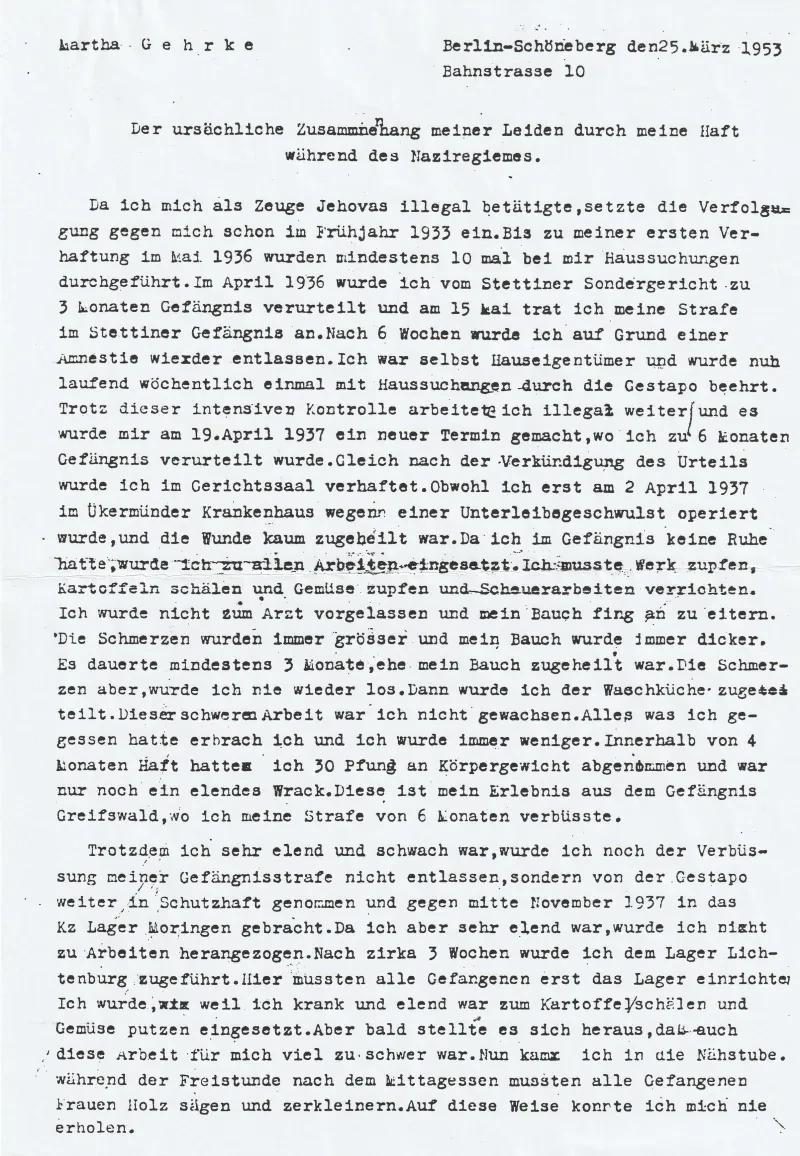 Bericht von Martha Gehrke vom 25. März 1953 über ihre Leidenszeit im Nationalsozialismus.