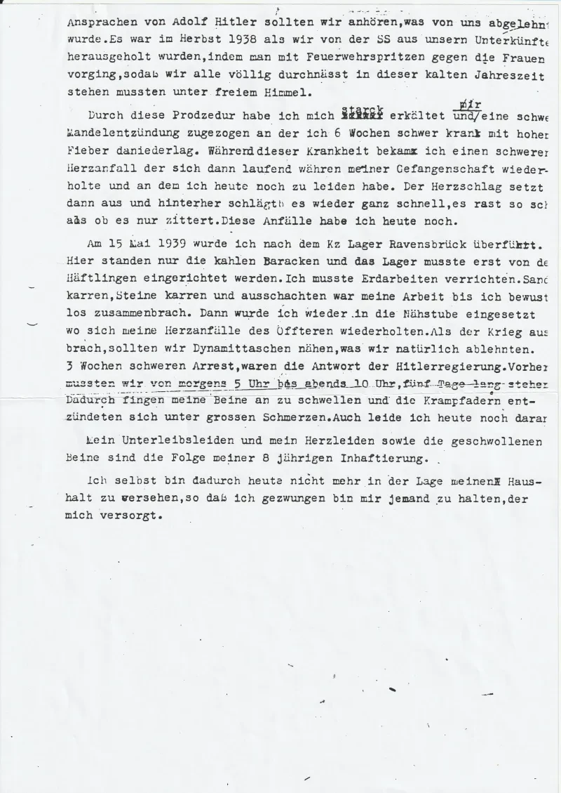 Bericht von Martha Gehrke vom 25. März 1953 über ihre Leidenszeit im Nationalsozialismus.