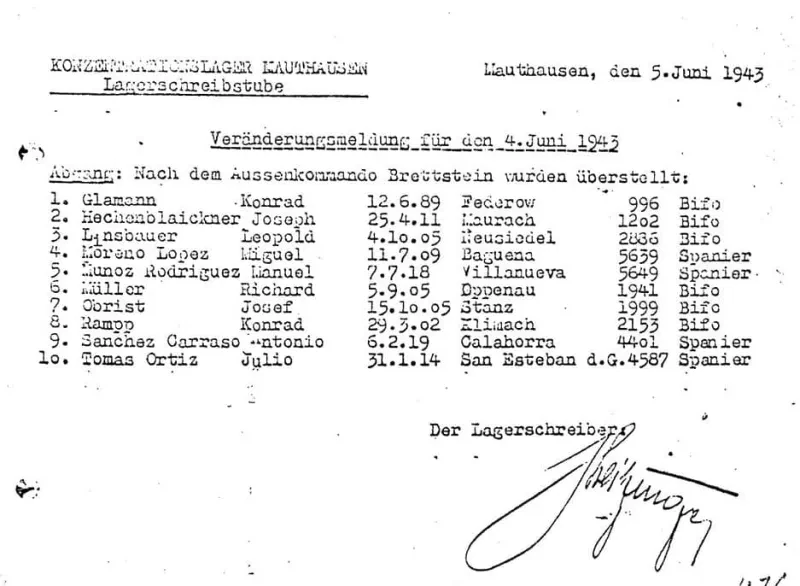 Auf der Veränderungsmeldung der Schreibstube des KZ Mauthausens vom 5. Juni 1943 wurden 10 Häftlinge namentlich angeführt: 4 Spanier und 6 Bibelforscher: Konrad Glamann, Richard Müller und Konrad Rampp stammten aus Deutschland; Josef Hechenblaikner, Leopold Linsbauer und Josef Obrist waren aus Österreich.