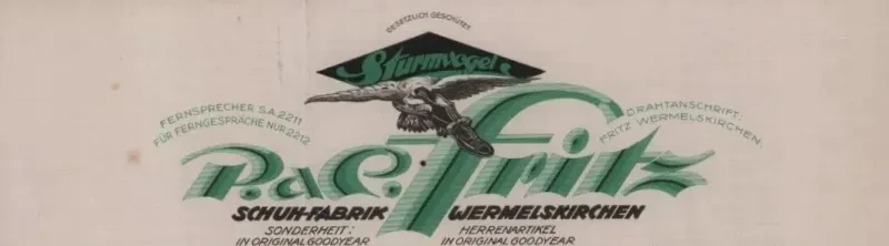 Firmenbriefkopf mit dem Text "Sturmvogel, P. & C. Fritz, Schuhfabrik Wermelskirchen".