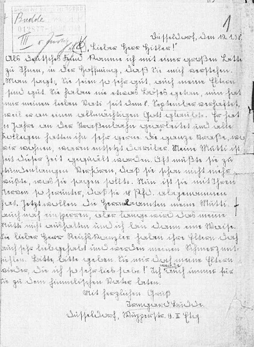 Handgeschriebenes Gnadengesuch der 13-jährigen Irmgard Budde an Reichskanzler Hitler, 1938, mit der Bitte um Freilassung ihrer Eltern, Wilhelm und Martha Budde.