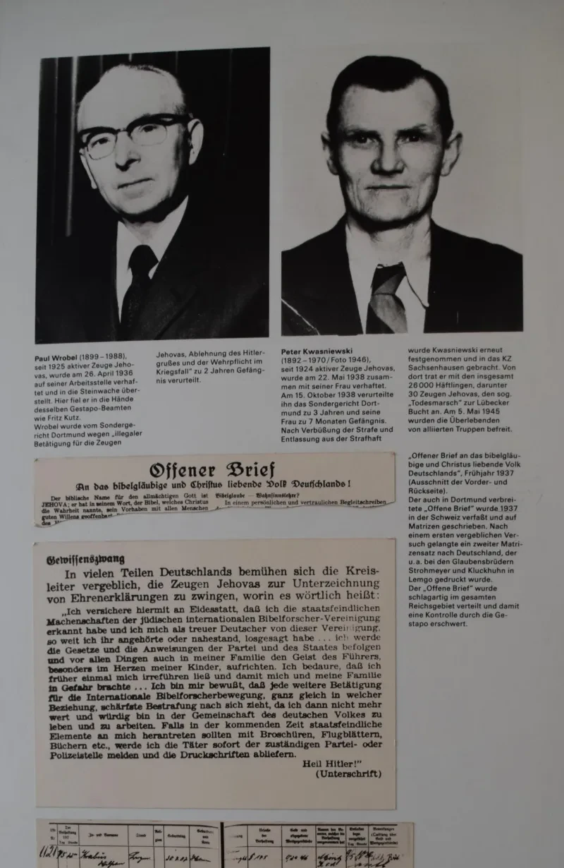 Portraits und Kurzbiografien von zwei Zeugen Jehovas, sowie Auszug aus dem Offenen Brief und einer Verpflichtungserklärung.