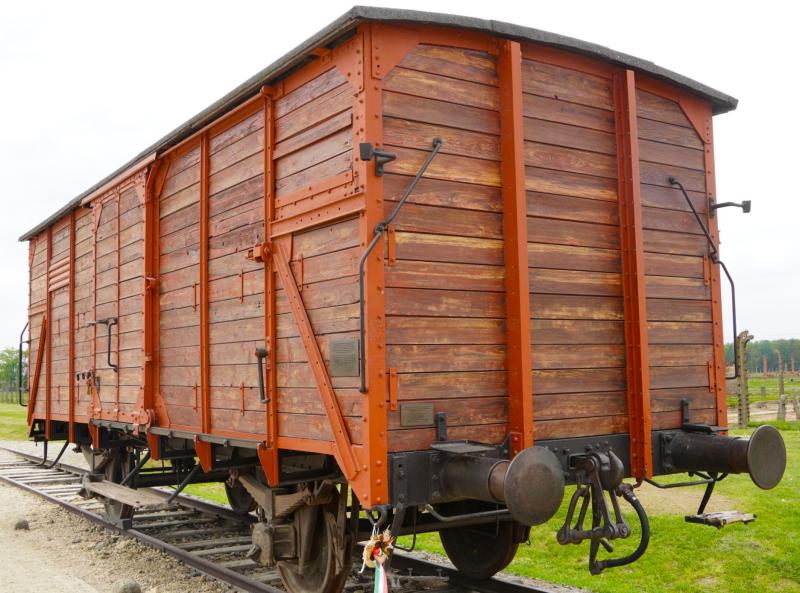 Ein einsamer Viehwaggon steht auf einem Gleis der Entladerampe.