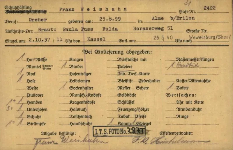 Einlieferungskarte von Franz Weishahn in das KZ Niederhagen-Wewelsburg am 25. Mai 1940