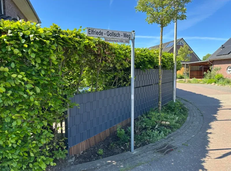 Straßenschild mit der Aufschrift "Elfriede-Gollsch-Weg Bibelforscherin 1894-1992) und Blick in die Straße.