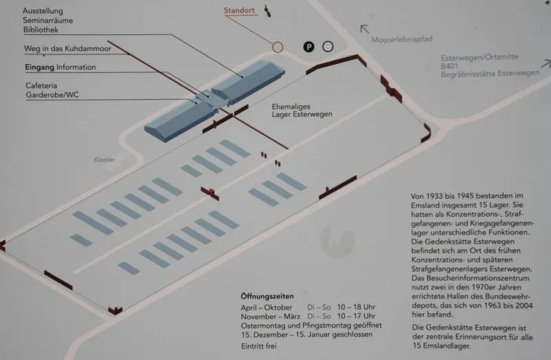 Auf einem schematischen Grundriß sind die Standorte der Häftlingsbaracken des Lagers Esterwegen erkennbar.