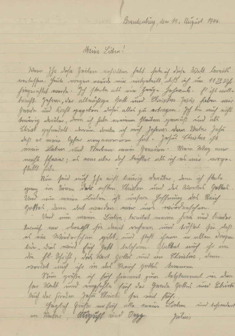 In Schreibschrift verfasster Abschiedsbrief von Julius Engelhard aus dem Zuchthaus Brandenburg Görden vom 14. August 1944.