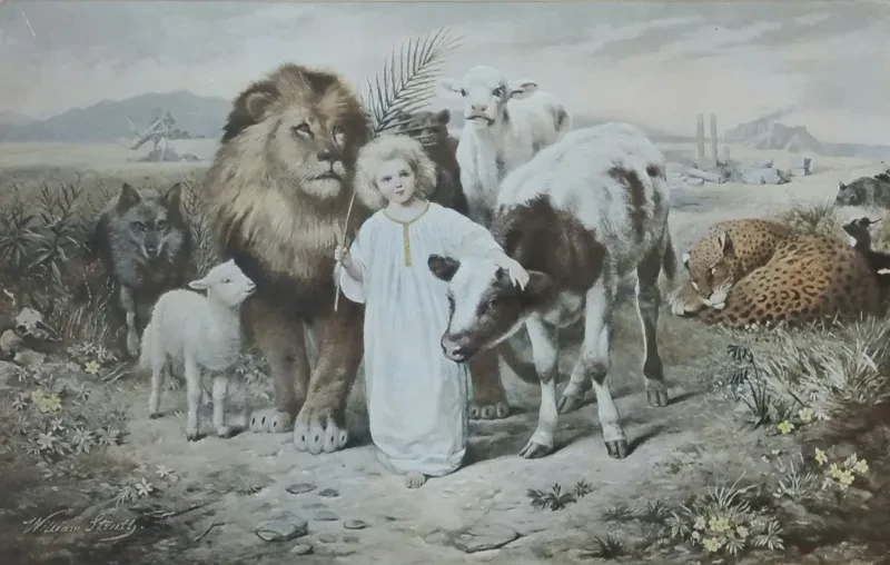 Ein Junge im weißen Gewand mit einem Palmzweig, umgeben von Kühen, einem Schaf, einem Wolf, einem Löwen, einem Bären und weiteren Tieren.