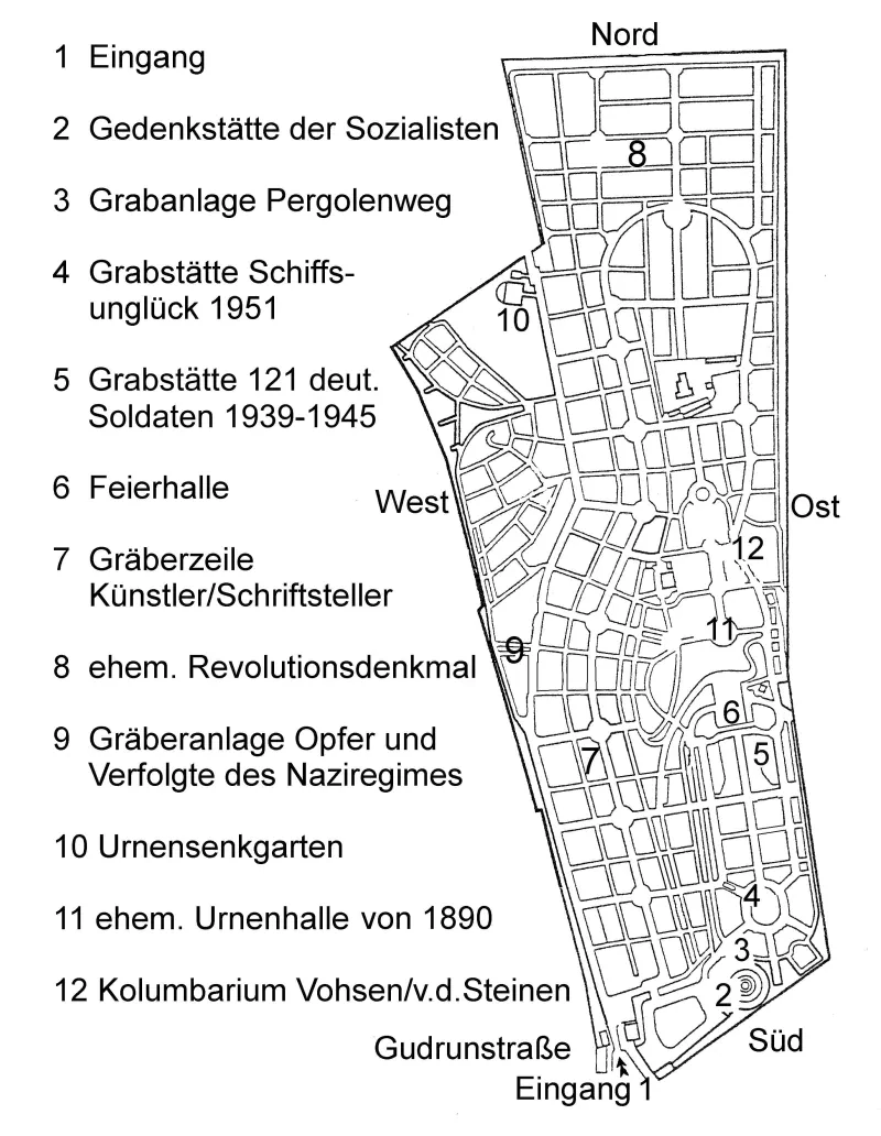 Ein Friedhofsplan mit 12 Markierungen.