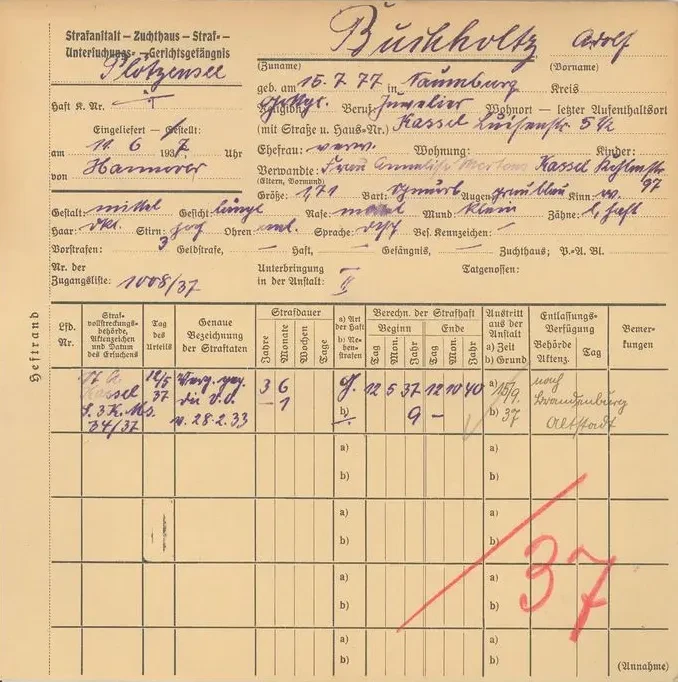 Gefangenenkarte von Adolf Buchholz aus dem Jahr 1937 mit Angaben zu seinem Aufenthalt im Strafgefängnis Berlin-Plötzensee