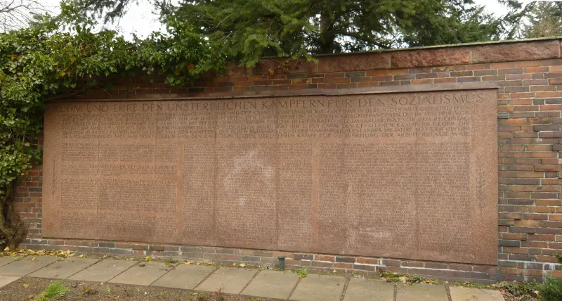 Große Namenstafel mit der Überschrift „Ruhm und Ehre den unsterblichen Kämpfern für den Sozialismus“, an einer Friedhofsmauer angebracht.