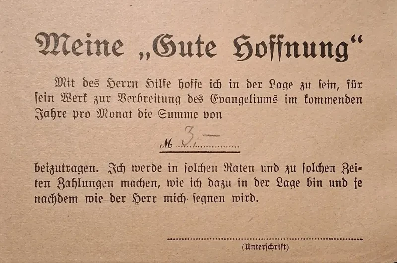 Ein gedrucktes und "Meine Gute Hoffnung" überschriebenes Blatt.