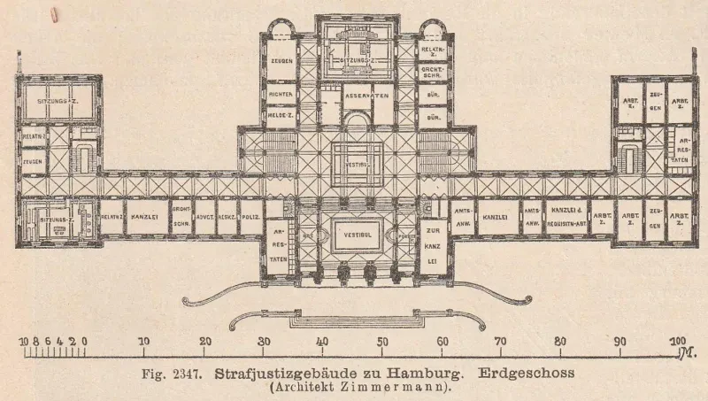 Plan des Erdgeschosses des Strafjustizgebäudes, 1891.