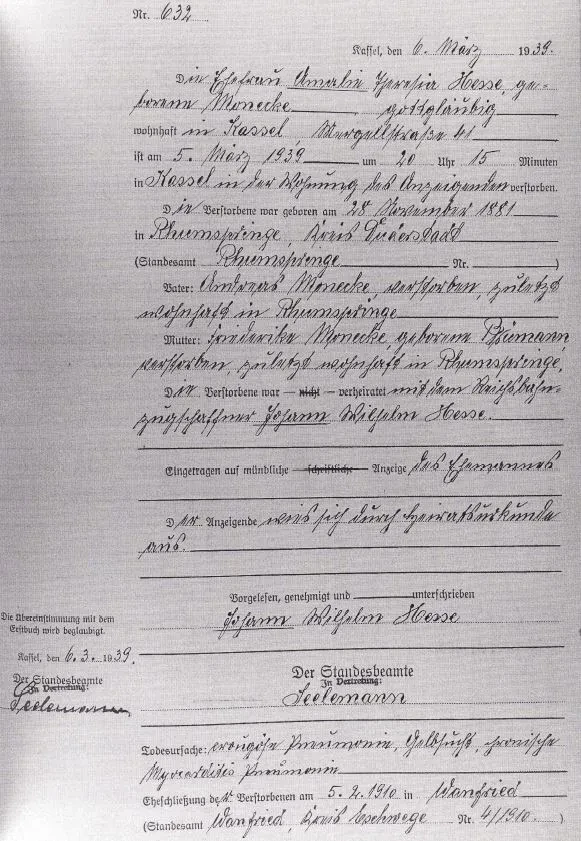 Sterbeurkunde von Amalie Hesse vom 06.03.1939 mit Angabe der Todesursachen