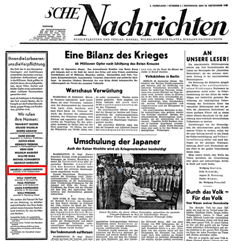 In der ersten Nachkriegsausgabe der Hessischen Nachrichten Kassel vom 26. September 1945 wurden getötete Verfolgte des NS-Regimes namentlich geehrt, darunter auch Heinrich Landschneider