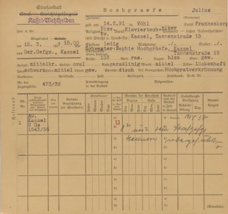 Gefangenenkarte von Julius Hochgräfe aus der Strafanstalt Kassel-Wehlheiden 1937