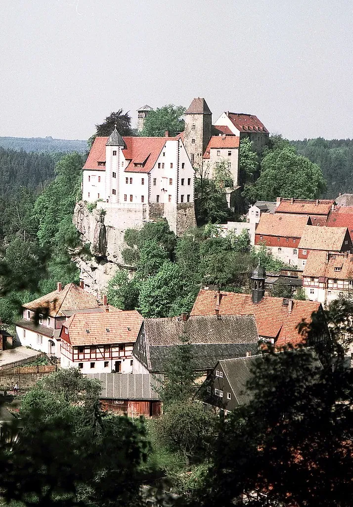 Auf einem Felssporn erhebt sich eine Burg über einem vom Wald umgebenen Dorf.