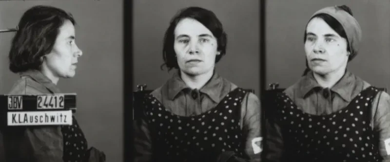 Eine junge Frau wird zunächst seitlich von rechts, dann von vorn und schließlich im Halbprofil mit Kopftuch aufgenommen. Auf dem ersten Bild ist der Schriftzug IBV, KL Auschwitz und die Häftlingsnummer zu sehen.