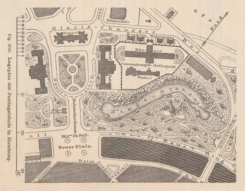 Lageplan des Hamburger Justizforums mit Untersuchungsgefängnis, 1891.