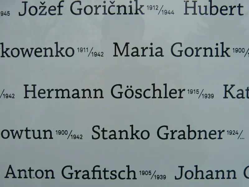 Verschiedene Namen und Lebensdaten, u.a. „Hermann Göschler 1915/1939“.