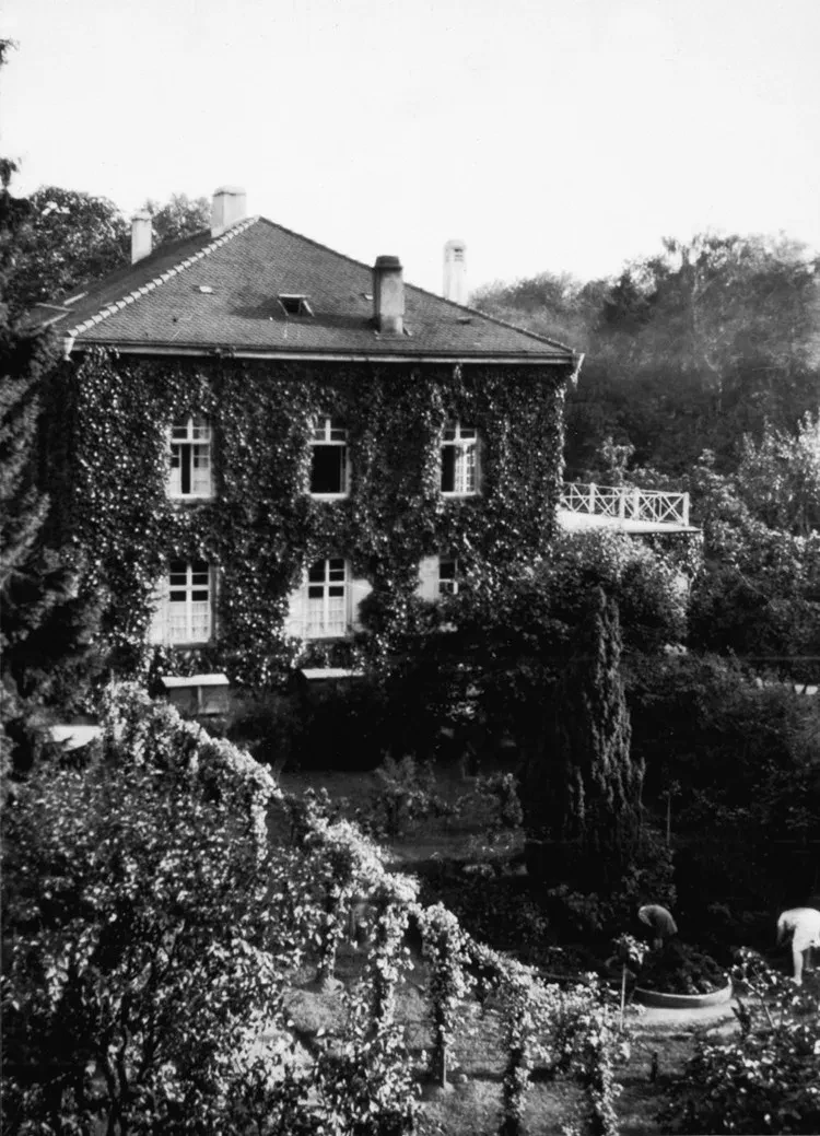Ein idyllisch gelegenes haus mit einem garten davor und mit Efeu bewachsen.