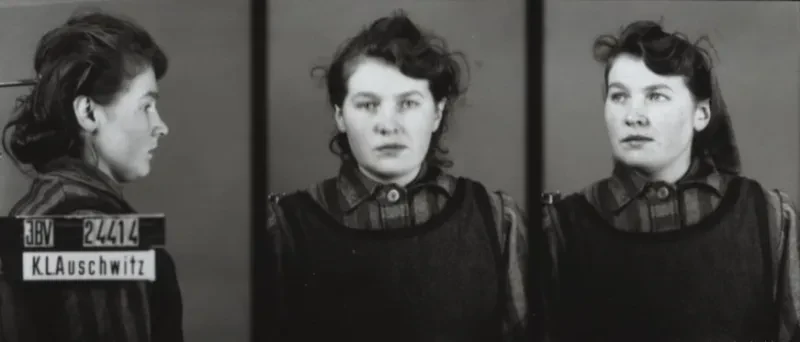 Eine junge Frau wird zunächst seitlich von rechts, dann von vorn und schließlich im Halbprofil mit Kopftuch aufgenommen. Auf dem ersten Bild ist der Schriftzug IBV, KL Auschwitz und die Häftlingsnummer zu sehen.