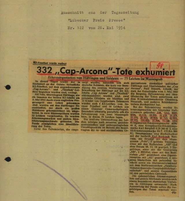 Artikel in der Lübecker Freien Presse vom 26. Mai 1954 mit der Überschrift: KZ-Friedhof wird verlegt-332„Cap Arcona“-Tote exhuminiert