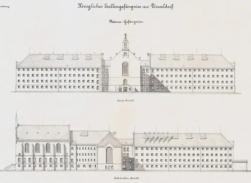 Zwei Architekturzeichnungen zeigen die Vorder- und Seitenansicht eines Gefängniskomplexes: Vom zentralen Gebäude der Kapelle Ulmer Höh zweigen im rechten WInkel vier Seitenflügel mit je vier Stockwerken ab.