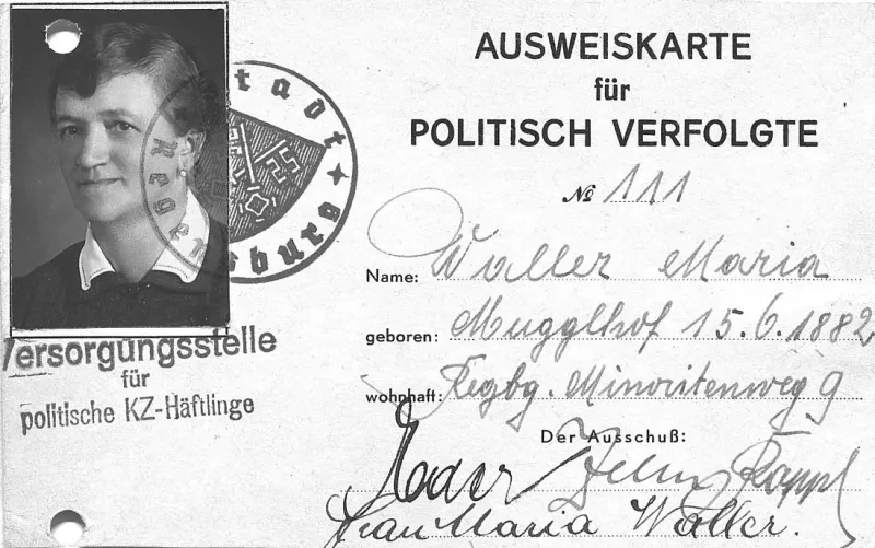 "Ausweiskarte für politisch Verfolgte" für Maria Waller.