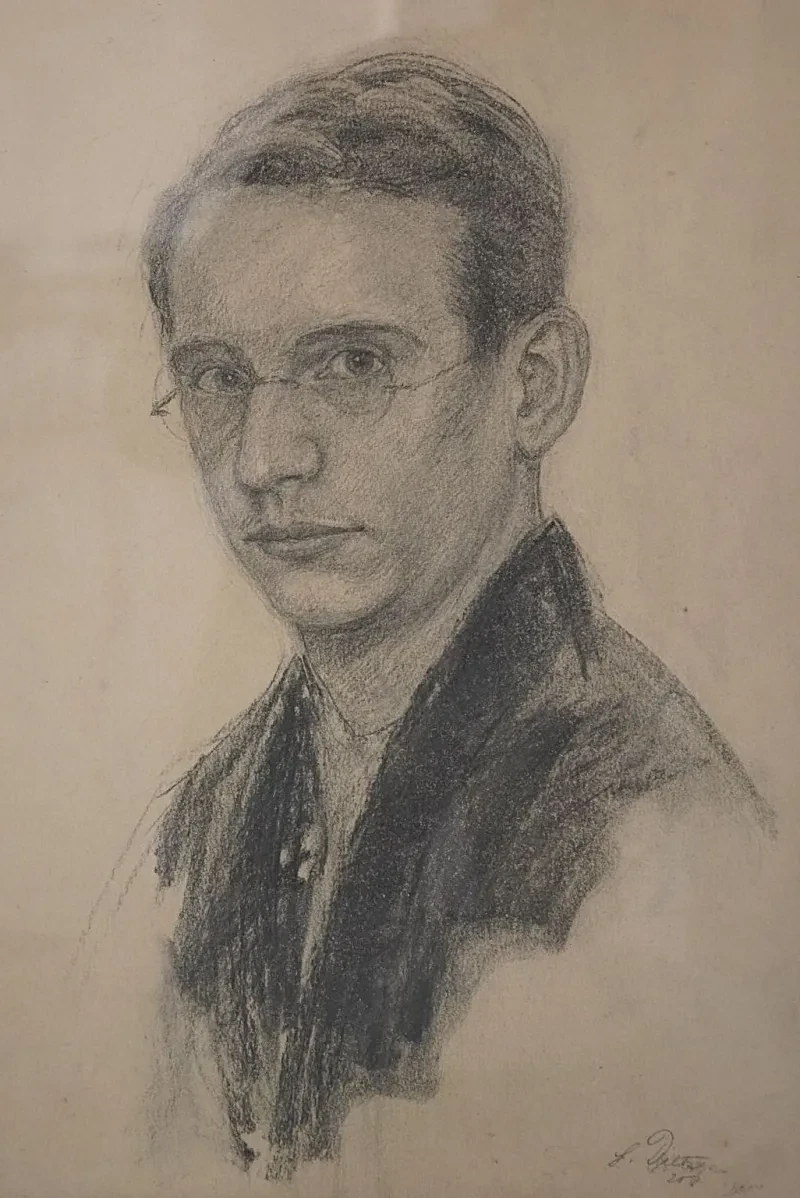 Radierung mit dem Profil eines jungen Mannes mit Brille im Halbprofil.