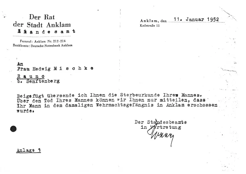 Schreiben des Standesamtes Anklam an Hedwig Mischke vom 11. Januar 1952 über die Todesart ihres Mannes.