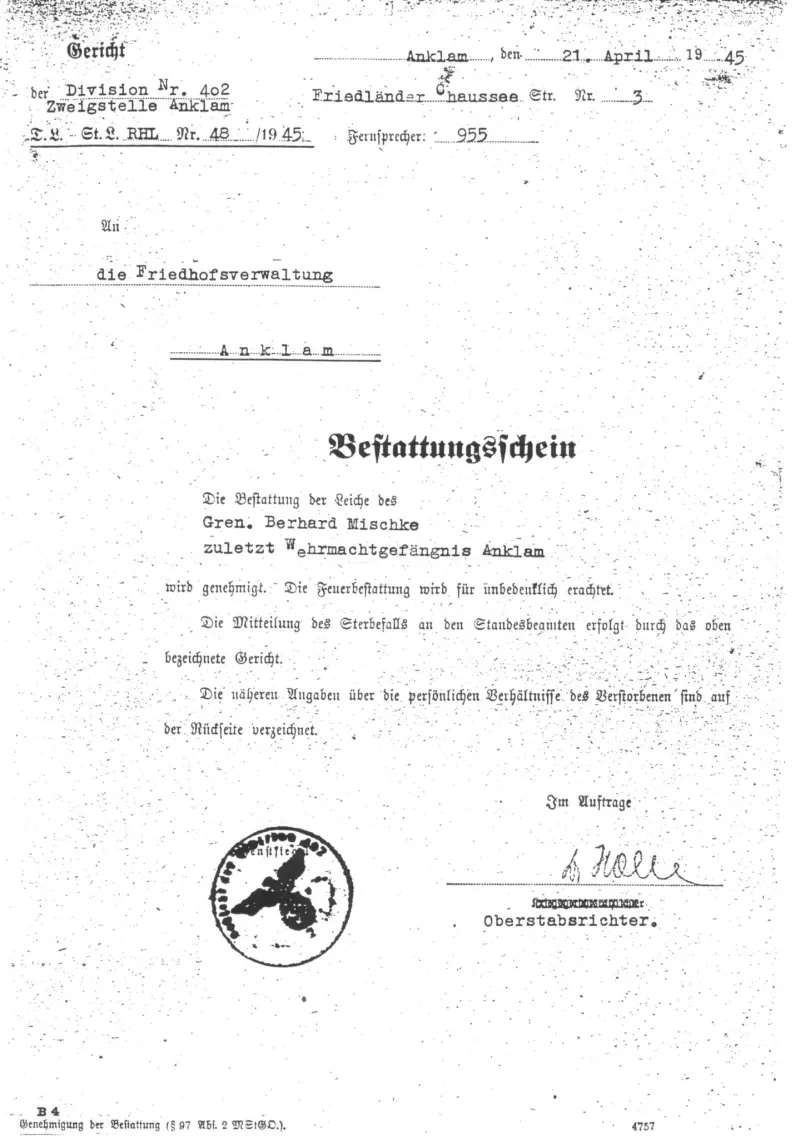 Bestattungsschein Bernhard Mischke vom 21. April 1945.