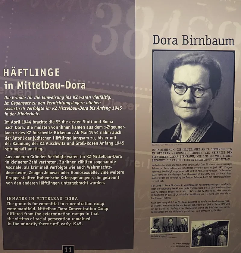Eine Schautafel zeigt u. a. ein Portrait, drei Haftfotos aus Ausschwitz und ein Familienfoto einer Gefangenen des KZ.