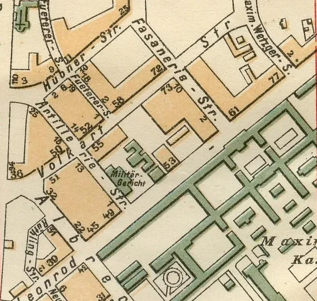 Der Ausschnitt eines historischen Stadtplans von München zeigt das Militärgericht in der Artilleriestraße 4 und die daneben befindliche Wehrmachthaftanstalt Leonrodstraße 51 (Brunn's Stadtplan, Verlag Otto Brunn, München 1930).