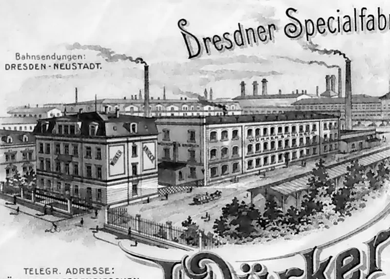 Der Briefkopf der Firma Würker & Knirsch zeigt die Fabrikgebäude der Dresdner Nähmaschinen-AG, Ausschnitt.