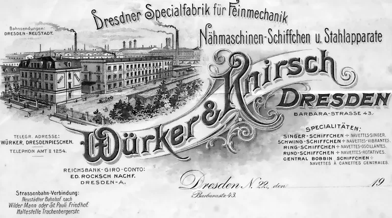 Der Briefkopf der Firma Würker & Knirsch zeigt die Fabrikgebäude der Dresdner Nähmaschinen-AG.