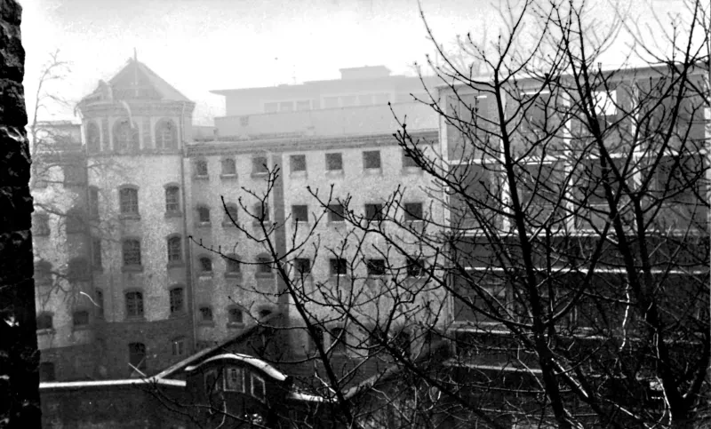 Blick durch Baumäste auf ein vierstöckiges Gebäude mit vergitterten fenstern.